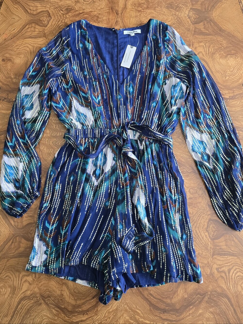 Celina Moon Anthropologie Alia Romper Navy Ikat Boho Print Long Sleeve Size S